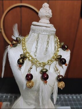 Gold and Burgundy Bracelet And Earrings Set- Women Jewelry